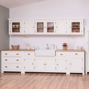 Mobila Bucatarie Lemn Masiv, Alba, Configurator, Blat Stejar, Model Chic, culoare alba