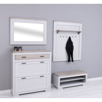 Set mobilier hol/living, Finisaj Gri Deschis Perlat, Lemn Masiv Brad, Colectia Rustic