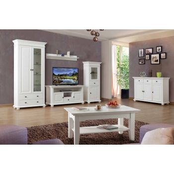 Set Mobila Sufragerie / Living Alb Antic Lemn Masiv Configurabil, model Voronet