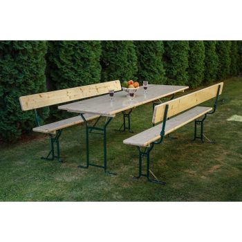 Set mobilier gradina/berarie lemn natur, masa 70x220 cm , 2 banci cu spatar 25x220 cm