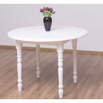 Masa rotunda extensibila 116/198x116cm, Finisaj Alb Vintage, Lemn Masiv Brad, Colectia Rustic