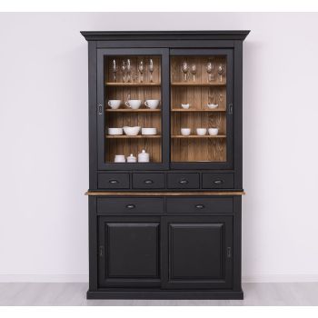 Vitrina 2 usi glisante, Finisaj Stejar Maro inchis, Lemn Masiv Brad, Colectia Rustic
