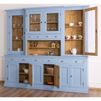 Bufet Bucatarie cu 3 usi sticla, Lemn Masiv, Albastru Natur 244x47x225cm