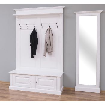 Set mobilier hol - Cuier 2 usi, Oglinda inalta hol, Finisaj Alb Vintage, Lemn Masiv
