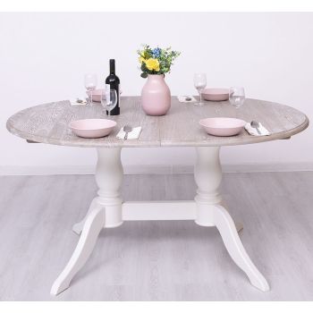 Masa ovala 2 picioare 160/230x120cm, Finisaj Alb Vintage, Lemn Masiv Brad, Colectia Rustic