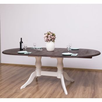 Masa ovala 2 picioare 160/230x120cm, Finisaj Alb Vintage, Lemn Masiv Brad, Colectia Rustic