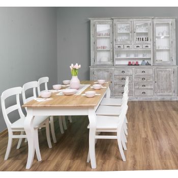 Masa sufragerie picioare curbate 180x90cm, Finisaj Alb Vintage, Lemn Masiv Brad, Colectia Rustic