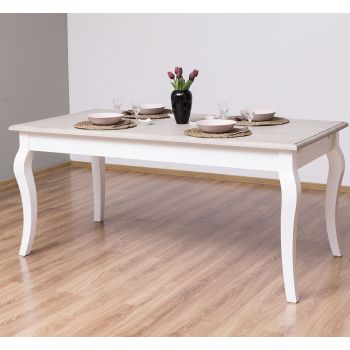 Masa sufragerie picioare curbate 180x90cm, Finisaj Alb Pur, Lemn Masiv Brad, Colectia Rustic