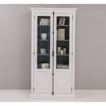 Vitrina cu 2 usi, Albastru Gri Vintage, Lemn masiv, 2 Straturi de culori Antichizat, 110x40x210cm