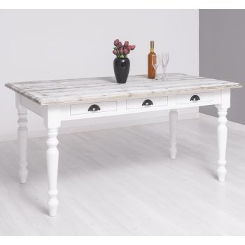 Masa sufragerie 160x90cm, Finisaj Alb Pur, Lemn Masiv Brad, Colectia Rustic