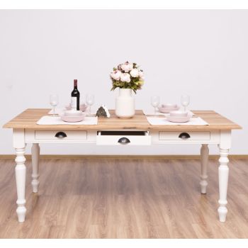 Masa sufragerie 180x90cm, Finisaj Bej Auriu Cald, Lemn Masiv Brad, Colectia Rustic