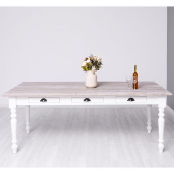 Masa sufragerie 210x90cm, Finisaj Alb Pur, Lemn Masiv Brad, Colectia Rustic