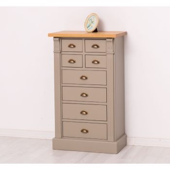 Comoda cu 8 sertare multicolore, Finisaj Nuc Mediu, Lemn Masiv Brad, Colectia Rustic