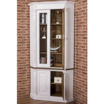 Vitrina pentru colt, 2 usi BAS + 2 usi sticla SUP, Colectia Directoire, Lemn Masiv, Blat Finisaj ceara, Corp Finisaj ceara, 115x52x228cm