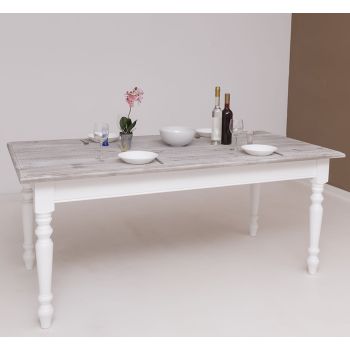 Masa sufragerie simpla picioare strunjite 160x90cm, Finisaj Alb Vintage, Lemn Masiv Brad, Colectia Rustic