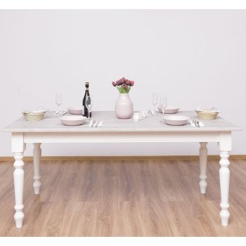 Masa sufragerie simpla picioare strunjite 180x90cm, Finisaj Alb Vintage, Lemn Masiv Brad, Colectia Rustic