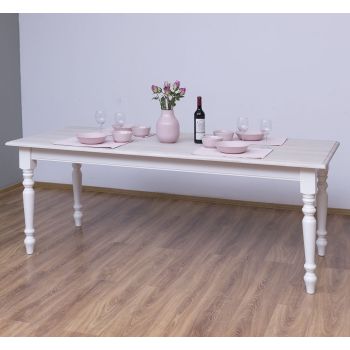 Masa sufragerie simpla picioare strunjite 210x90cm, Finisaj Alb Vintage, Lemn Masiv Brad, Colectia Rustic