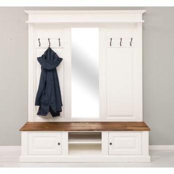 Cuier mare cu oglinda centrala, Finisaj Alb Vintage, Lemn Masiv Brad, Colectia Rustic