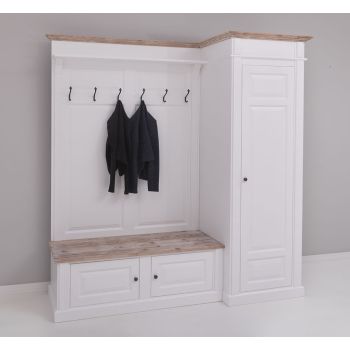 Dulap hol cu pantofar si cuier - dreapta, Finisaj Alb Pur, Lemn Masiv Brad, Colectia Rustic