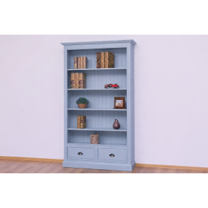 Biblioteca cu 2 sertare, etajera deschisa, Lemn Masiv, 109x39x210cm, Finisaj Albastru Deschis