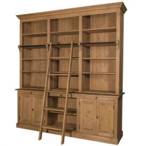 Biblioteca mare cu 4 usi, 1 polita BAS + etajera tripla SUP, Lemn Masiv, Blat Finisaj ceara, Corp Finisaj ceara, 229x51x244cm