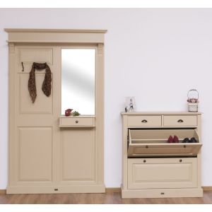 Set mobilier hol/living - Comoda 4 sertare, Cuier cu oglinda, Finisaj Bej Gri Cald, Lemn Masiv