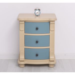 Comoda 3 sertare bombate, Finisaj Albastru Gri Vintage, Lemn Masiv Brad, Colectia Rustic