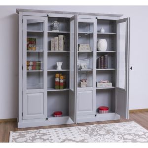 Vitrina dubla cu 4 usi, Gri Deschis Perlat, Lemn masiv, vopsit, 205x40x210cm
