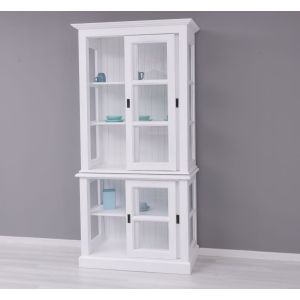 Dulap 2 usi glisante sticla, Finisaj Alb Pur, Lemn Masiv Brad, Colectia Rustic