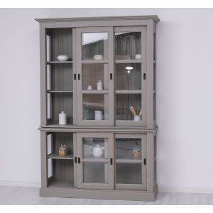 Dulap 3 usi glisante sticla, Finisaj Crem Vanilie, Lemn Masiv Brad, Colectia Rustic