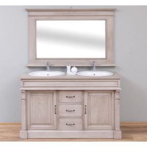 Set mobilier baie - Mobilier baie 2 chiuvete fara lavoare, Oglinda cu rama mare, Finisaj Gri Fumuriu, Lemn Masiv