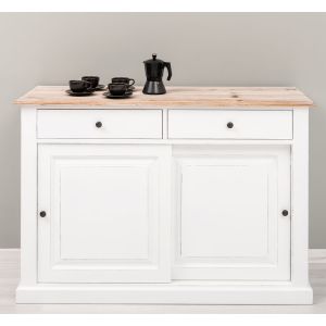 Comoda 2 usi glisante, Finisaj Alb Pur, Lemn Masiv Brad, Colectia Rustic