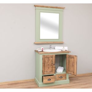 Set mobilier baie - Dulap baie chiuveta ovala, Oglinda cu rama mica, Finisaj Verde Masliniu, Lemn Masiv
