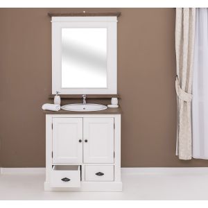 Dulap baie chiuveta ovala, Finisaj Alb Vintage, Lemn Masiv Brad, Colectia Rustic