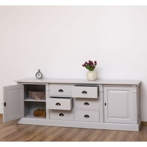 Bufet Bucatarie cu 2 usi, 6 sertare, Gri Deschis Perlat, Lemn masiv, Alb 219x51x78cm