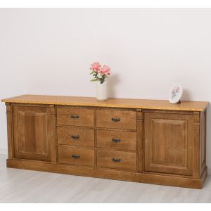 Bufet Bucatarie cu 2 usi, 6 sertare, Stejar Miere Auriu, Lemn masiv, Alb 219x51x78cm