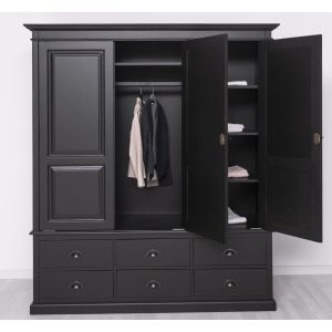 Dulap 3 usi 6 sertare, Finisaj Negru Mat, Lemn Masiv Brad, Colectia Rustic