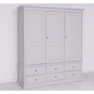 Dulap 3 usi 6 sertare, Finisaj Gri Deschis Perlat, Lemn Masiv Brad, Colectia Rustic