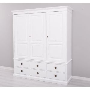 Dulap 3 usi 6 sertare, Finisaj Alb Pur, Lemn Masiv Brad, Colectia Rustic
