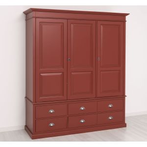 Dulap 3 usi 6 sertare, Finisaj Rosu Bordeaux, Lemn Masiv Brad, Colectia Rustic