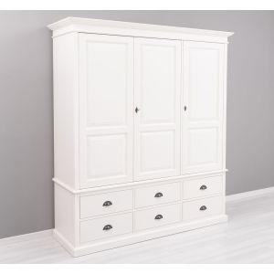 Dulap 3 usi 6 sertare, Finisaj Alb Vintage, Lemn Masiv Brad, Colectia Rustic
