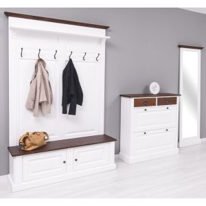 Set mobilier hol/living - Cuier 2 usi, Comoda 4 sertare, Oglinda inalta hol, Finisaj Alb Pur, Lemn Masiv