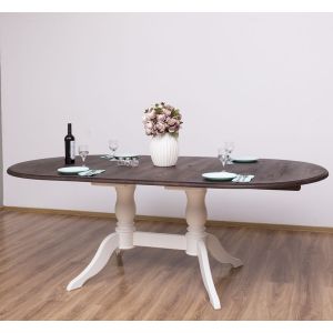 Masa ovala 2 picioare 160/230x120cm, Finisaj Alb Vintage, Lemn Masiv Brad, Colectia Rustic