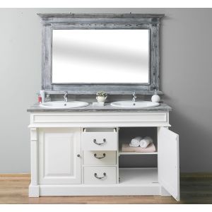 Set mobilier baie - Mobilier baie 2 chiuvete fara lavoare, Oglinda cu rama mare, Finisaj Alb Vintage, Lemn Masiv