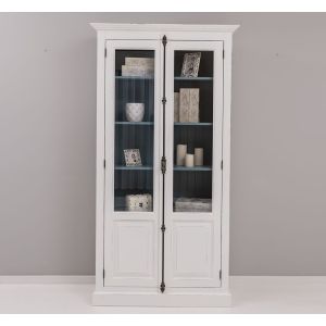 Vitrina cu 2 usi, Albastru Gri Vintage, Lemn masiv, 2 Straturi de culori Antichizat, 110x40x210cm