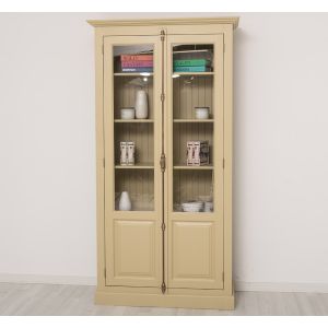 Vitrina cu 2 usi, Gri Deschis Cald, Lemn masiv, 2 Straturi de culori Antichizat, 110x40x210cm