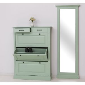 Set mobilier hol - Pantofar 3 usi 2 sertare, Oglinda inalta hol, Finisaj Verde Menta, Lemn Masiv