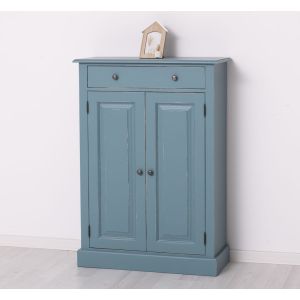 Comoda 2 usi 1 sertar, Finisaj Albastru Gri Vintage, Lemn Masiv Brad, Colectia Rustic