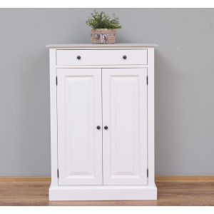 Comoda 2 usi 1 sertar, Finisaj Alb Vintage, Lemn Masiv Brad, Colectia Rustic