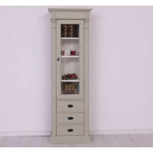 Dulap cu 1 usa sticla, 3 sertare, Alb Vintage, Lemn masiv, vopsit, 65x39x200cm